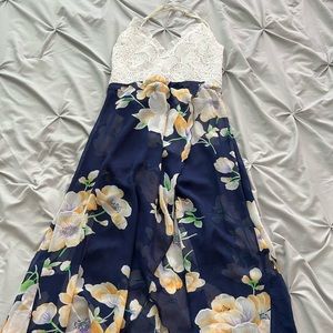 white and navy blue floral dress